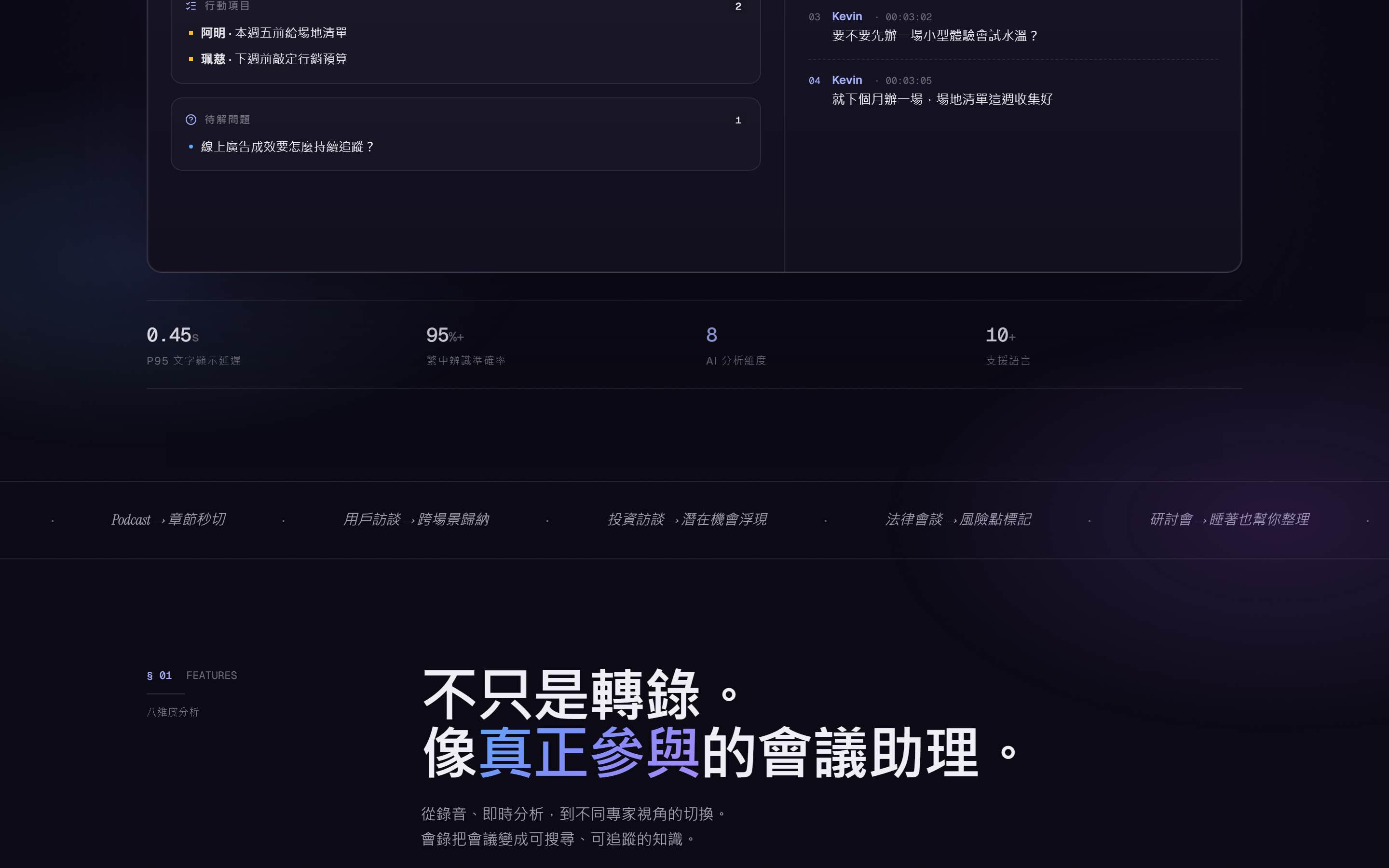 會議進行中的即時轉錄與待辦擷取畫面