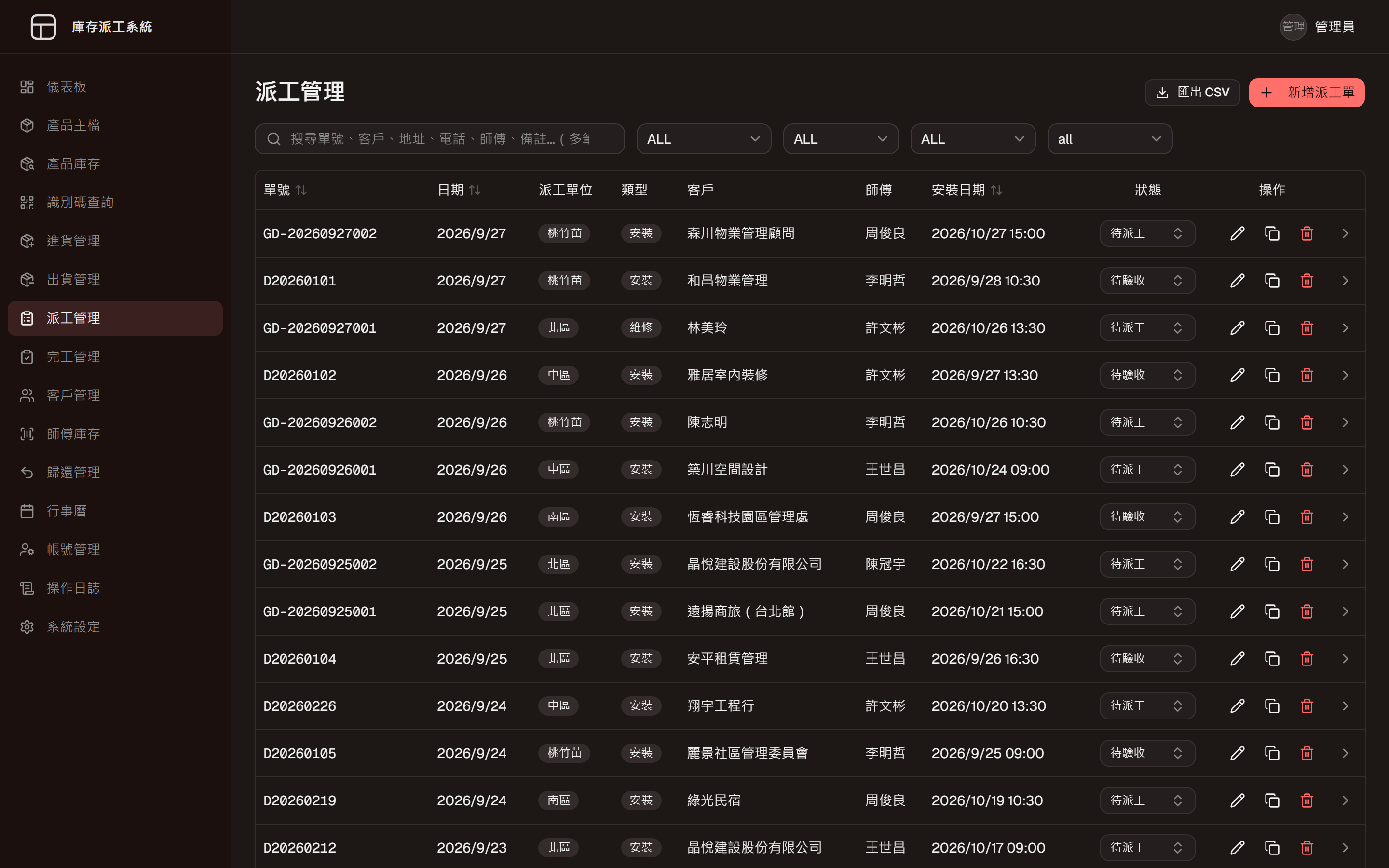 庫存派工系統的派工管理頁，客戶、師傅、安裝日期與狀態（示範資料）